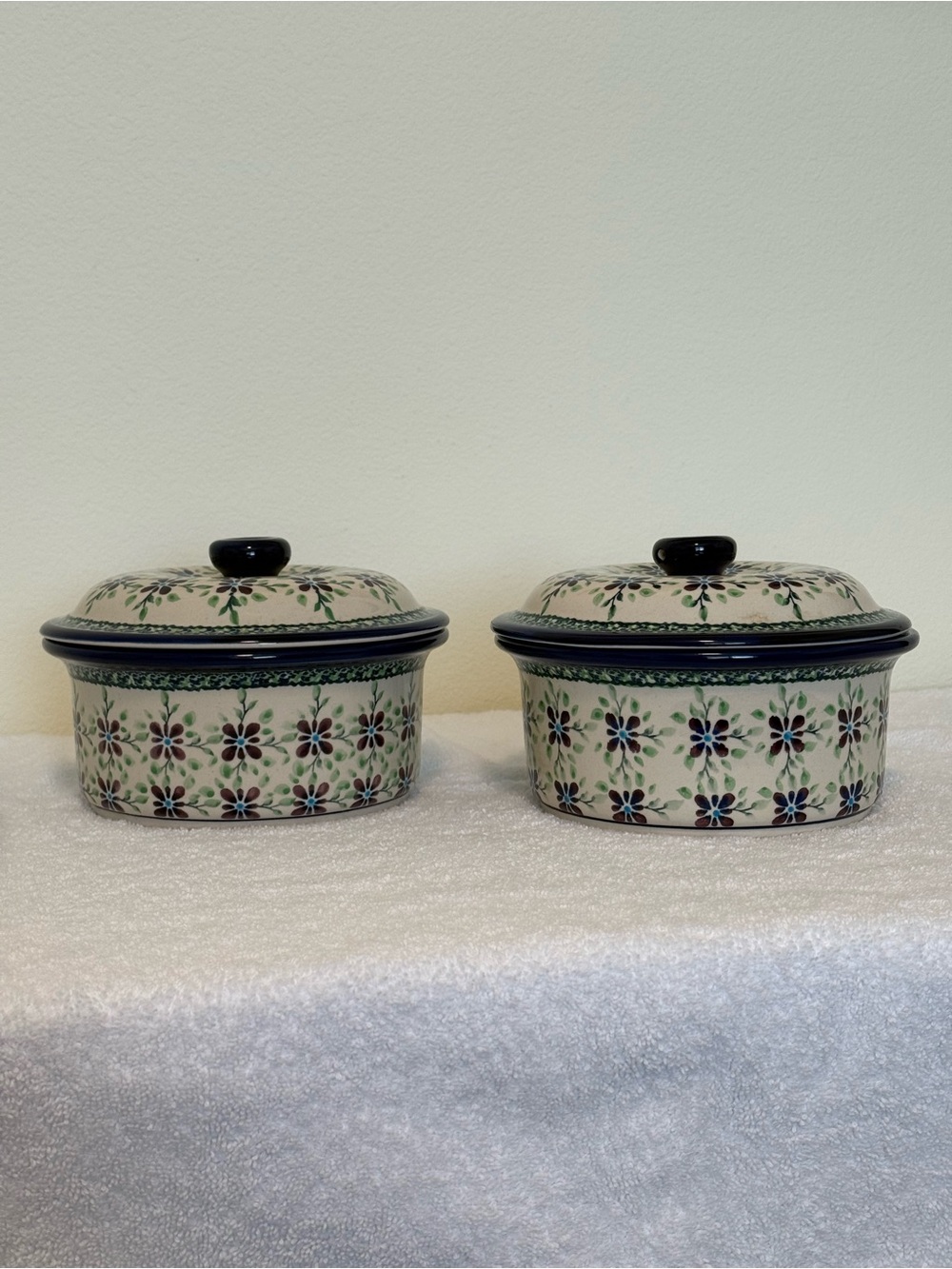 Polish Pottery Hand-Painted Floral 8” Covered Baking Dishes - Set of 2